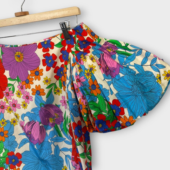 H&M Floral Print Womans Top Bright Flowers Garden Puff Sleeve 100% Cotton SZ 4 - Picture 5 of 12